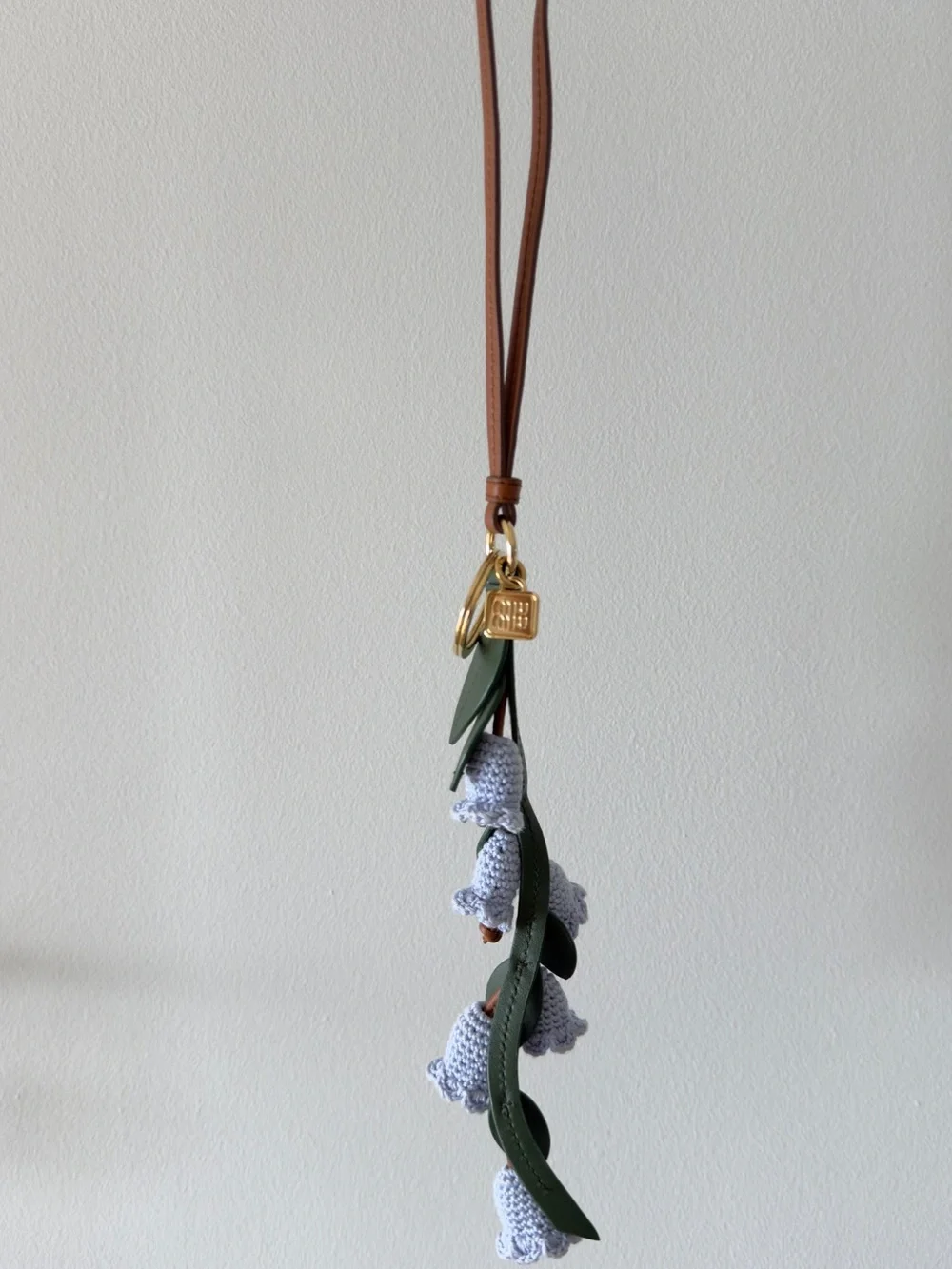 Miu Miu Brown Leather Strap Key & Floral Charm with Green Leaves